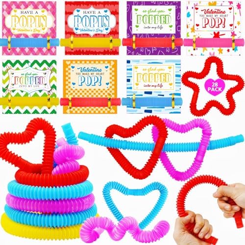 28 Pack Valentines Day Gifts for Kids, Pop Tube Set with Valentines Cards for Kids, Stretchy Tube Stress Relief, Party Favors Supplies
