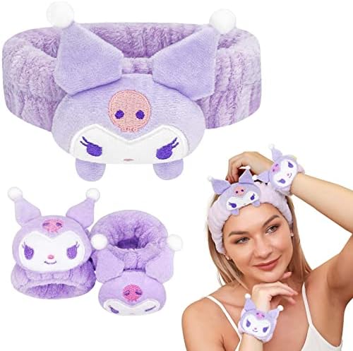 Kawaii Spa Headband and Wristband Set for Face Washing, Cute Soft Skincare Headbands for Women Girls, Fluffy Makeup Headband for Washing Face, Bath, Shower, Beauty
