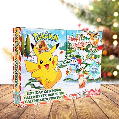 Pokemon Holiday Advent Calendar for Kids, 24 Piece Gift Playset - Set Includes Pikachu, Eevee, Jigglypuff and More - 16 Toy Character Figures & 8 Christmas Accessories - Ages 4+