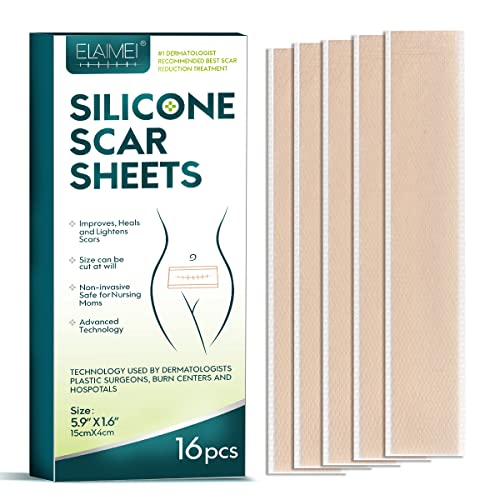 Silicone Scar Sheets, Tape, Strips, 16 Pcs 5.9"x1.6", Healing Keloid, C-Section, Tummy Tuck - As Surgical Cream, Gel, Patch, Bandage, Pad - Surgery Scars Treatment, Scar Remover.