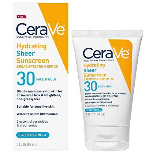 CeraVe Hydrating Sheer Sunscreen SPF 30 for Face and Body, Mineral & Chemical Sunscreen with Zinc Oxide, Hyaluronic Acid, Niacinamides and Ceramides, Paraben Free Fragrance Free, 3 Ounces