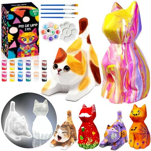 FUNZBO 2Pcs Paint Your Own Cat Lamp Kit - Arts and Crafts for Kids Teens Adults, Art Supplies Painting Kits for Kids, Toys Girls Boy Birthday Gift Ages 3 4 5 6 7 8 9 10 11 12 13+