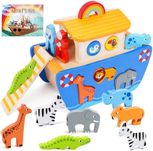KMTJT Toddlers Wooden Noah's Ark Toy Animal Playset, Baptism Gifts for 1 2 3 Boys Girls, Shape Sorter Early Learning Montessori Toys with Bible Story Book for 12 18 24 Months Babies