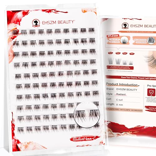 Upgraded,Natural Lash Clusters 8mm C Curl with No Plastic Feel,Cluster Eyelash Extensions Wispy, Ultra-Soft Individual Lashes with Thin Band,long-lasting and New comfort,Radiant Style [Ehszm Beauty]