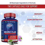 Neuro Plus Brain & Focus Formula - Nootropic Brain Booster Supplement, Supports Brain Health, Mental Clarity & Focus - Enhances Concentration & Mental Energy – 120 Capsules