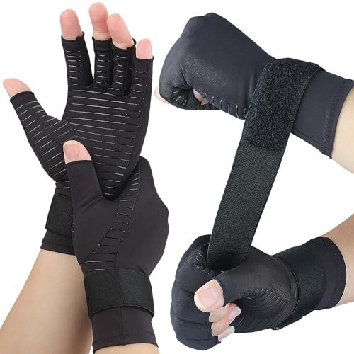 2 Pairs Pack Compression Gloves for Women Men, Copper Arthritis Gloves for Hand Pain Relief, Carpal Tunnel Wrist Support, Rheumatoid, Joint Swelling,Fingerless for Computer Typing(Small/Medium)