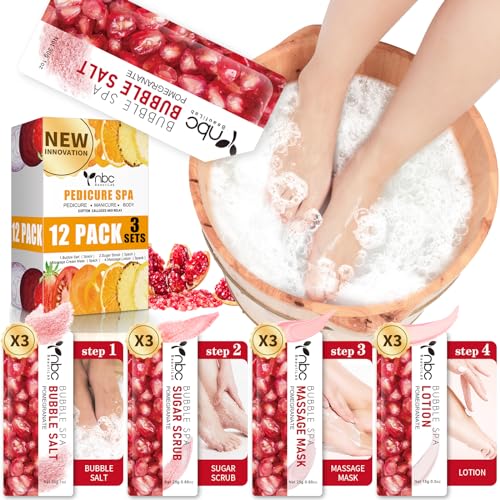 Pedicure Kit Foot Soak Set: Bubble Salt, Sugar Scrub, Massage Mask, Massage Lotion in a Box, 4 Step Foot Spa Kit for Dry Feet,Tired Feet（3 Set Pomegranate)