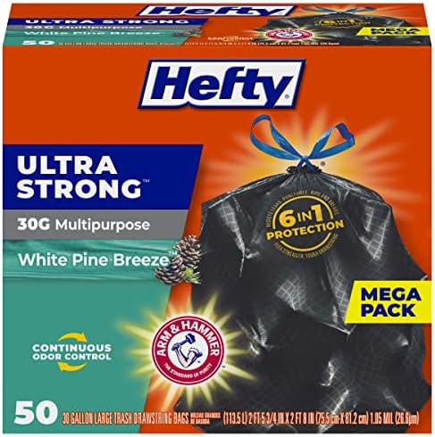 Hefty Ultra Strong 30 Gallon Trash Bags, Large Trash Bags 30 Gallon Size, Multipurpose, Break Resistant Drawstring Closure, Resists Leaks, Punctures, and Tears, Black, White Pine Breeze Scent, 50 Bags