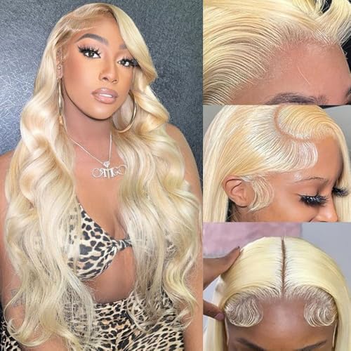 Hiar 13x4 Blonde Lace Front Wigs Human Hair 28 Inch Body Wave 613 Lace Front Wig Human Hair 180% Density Glueless 613 HD Transparent Lace Frontal Wig Human Hair Pre Plucked Wig for Women