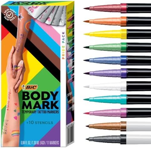 BIC BodyMark Temporary Tattoo Markers for Skin, Pride Pack, Flexible Brush Tip, 11-Count Pack of Assorted Colors, Skin-Safe, Cosmetic Quality