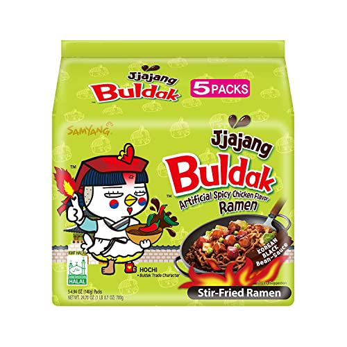 Samyang Buldak Hot Spicy Chicken Ramen Noodle Korean Stir-Fried Ramen, Jjajiang, Pack of 5