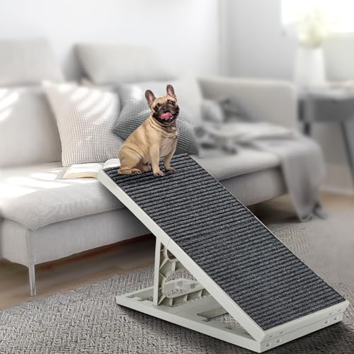 Indoor Dog Ramp Bed for Small Medium Pets,Folding Collapsible Cat Ramp with Non-Slip Carpet, Adjustable Height Dog Ramp for Couch,Sofa,Chair(Grey)