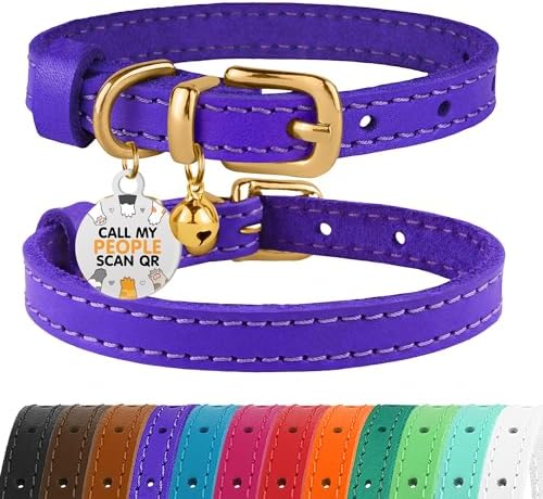 BRONZEDOG Leather Cat Collar with Bells Non Breakaway Kitten QR Tag for Girl Boy (7" - 9" for Cats, Purple & Gold)