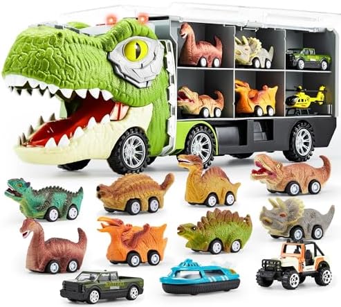 JOYIN 13 in 1 Dinosaur Toys for Kids 3-5, Dinosaur Truck with 12 Pull Back Cars, Dinosaur Cars Set, Birthday Gifts Toys for 3 4 5+ Year Old Boy, Transport Carrier Truck for Toddlers 3-4 Years