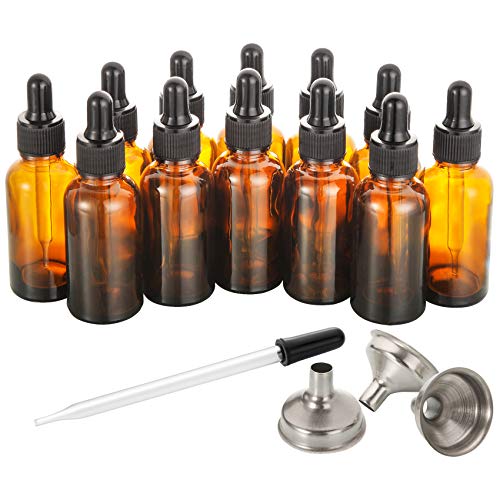 12 Pack, 2 oz Glass Dropper Bottle with 3 Stainless Steel Funnels & 1 Long Eye Dropper - 60ml Amber Glass Tincture Bottles for Travel Essential Oils, Liquids - Leakproof