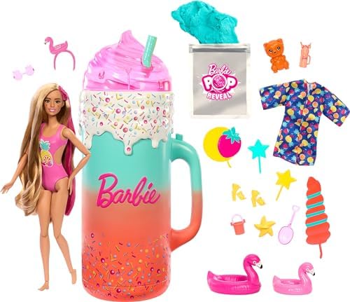 Barbie Pop Reveal Doll & Accessories, Rise & Surprise Fruit Series Gift Set with Scented Doll & Squishy Pet, Color Change, Moldable Sand & More, 15+ Surprises
