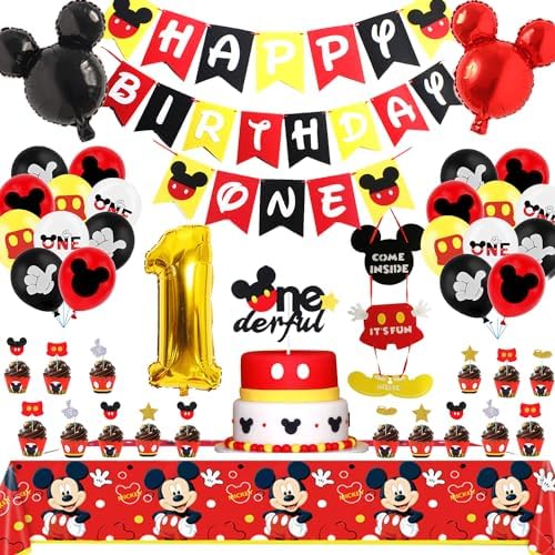 Cartoon Mouse 1st Birthday Party Decorations,One Year Theme Party Supplies Included Banner,Tablecloth,Latex Balloons,Foil Balloons,Cake Topper,Door Sign for First Year Old Boy Baby Shower Decorations