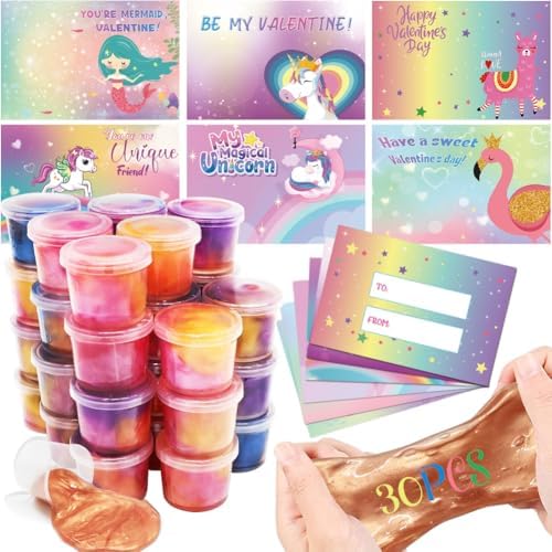 DINESIL 30 Packs Valentines Galaxy Slime with Valentines Day Cards, Slime Stress Relief Toys for Kids Valentine Party Favor, Classroom Exchange, School Classroom Game Prizes