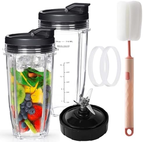 Ninja Blender Cups Replacement, 24oz Ninja Blender Cups with To-Go Lids, 7 Fins Extractor Blade, Compatible with Nutri Auto iQ Blenders BL2012 BN801 BL480-30 BL640-30 BL642-30 NN100-30 BL450