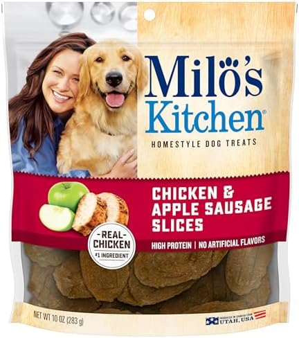 Milo's Kitchen Homestyle Dog Treats, Chicken & Apple Sausage Slices, 10 Ounce (Pack of 5), High Protein, No Artificial Flavors
