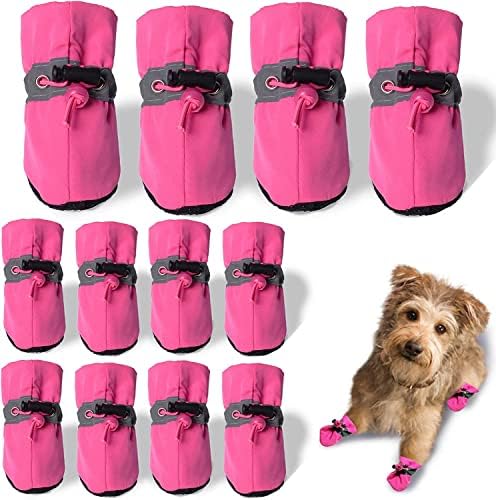 Dog Boots & Paw Protector, Anti-Slip Sole Winter Snow Dog Booties with Reflective Straps Dog Shoes for Small Medium Dogs 12PCS Pink 6-3pair