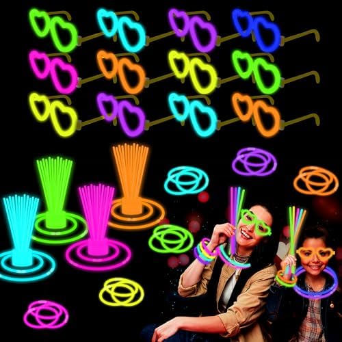 12 Pack Glow Glasses Toys Gifts with 40 Glow Sticks & Connectors (for 12 Glow Heart Glasses & 16 Bracelets), Easter Neon Light Up Party Favor Supplies for Birthday Wedding Camping Dance (kids&Adults)