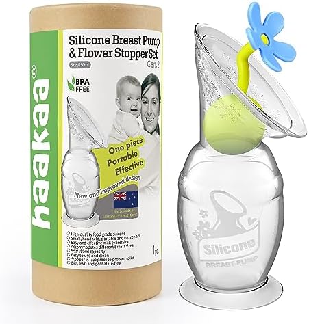 haakaa Manual Breast Pump Breastfeeding Pump Silicone Pump Milk Saver with Suction Base and Flower Stopper 100% Food Grade Silicone BPA Free (5oz/150ml) (Blue)
