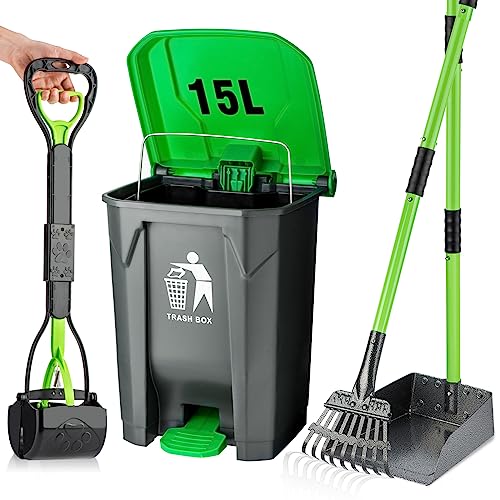MXF Pooper Scooper Set - 28" Dog Pooper Scooper & Long Handle Stainless Metal Tray&Rake, 15 Litre Step Dog Poop Trash Can w/Removable Inner Bucket, 20 Waste Bags for Outdoors