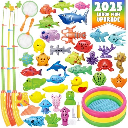 CozyBomB™ Magnetic Fishing Toys Game Set for Kids | Water Table Bathtub Kiddie Pool Party & Pole Rod Net, Plastic Floating Fish Toddler Color Ocean Sea Animals Birthday Age 3 4 5 6 Year