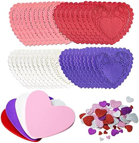 JOYIN Valentine Day 248 Pcs Heart Doilies Craft Gift Set with 200 Packs Heart Paper Doilies 48 Pcs Foam Crafts and 4 Bags of Glitter Foam Stickers for Valentine's Day Party Tableware Decoration