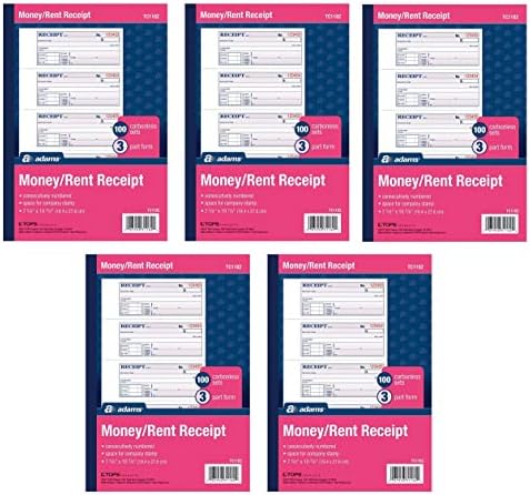 Adams Money and Rent Receipt Book, 3-Part, Carbonless, White/Canary/Pink,7 5/8" x 10 7/8", 100 Sets per Book, 5 Books, 500 Sets Total (TC1182)