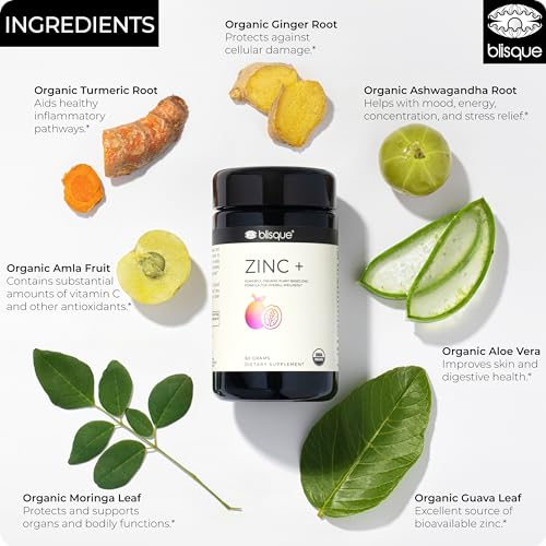 Blisque – Organic Zinc Supplement Sourced from Guava Leaf | for Immune Support, Defense and Boost | with Ashwagandha, Aloe Vera, Ginger, and Turmeric | Vegan | Powder | 60 Grams