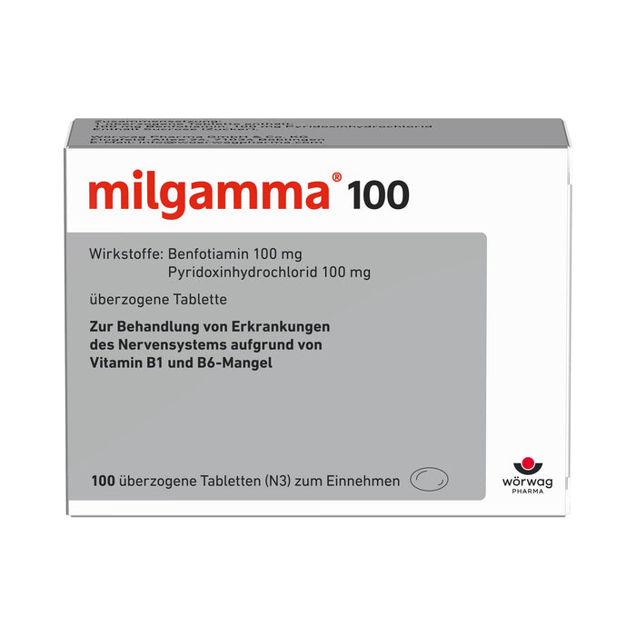 milgamma® 100 mg überzogene Vitamin B1 Tabletten mit Benfotiamin B1 (eine fettlösliche Vorstufe von Vitamin B1) und Vitamin B6, 100 Stück