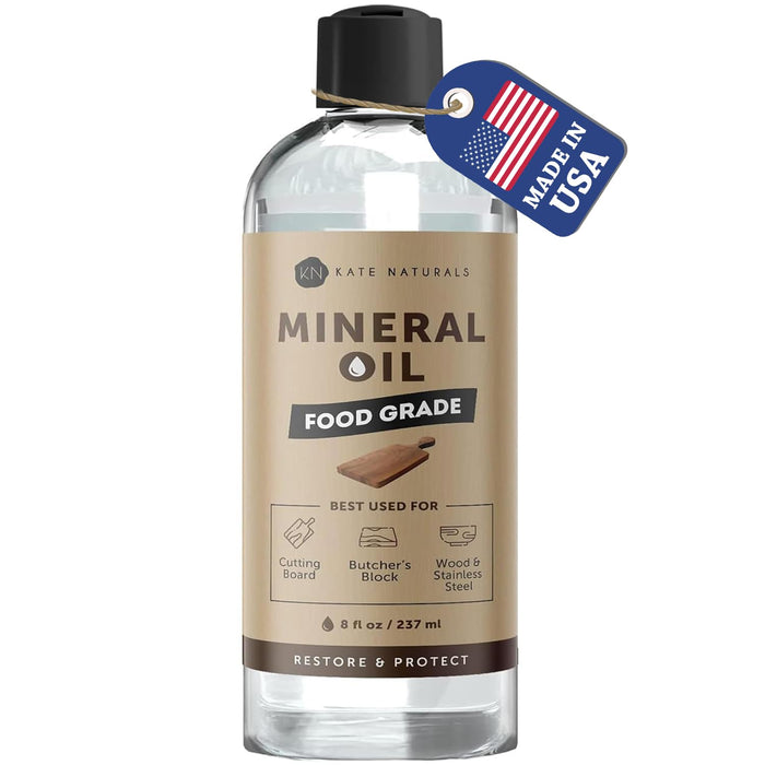 Kate Naturals Mineral Oil for Wood Cutting Board Oil, Butcher Block, and Knife. Food Grade Mineral Oil for Wooden Cutting Board (8oz, Food Safe Oil)