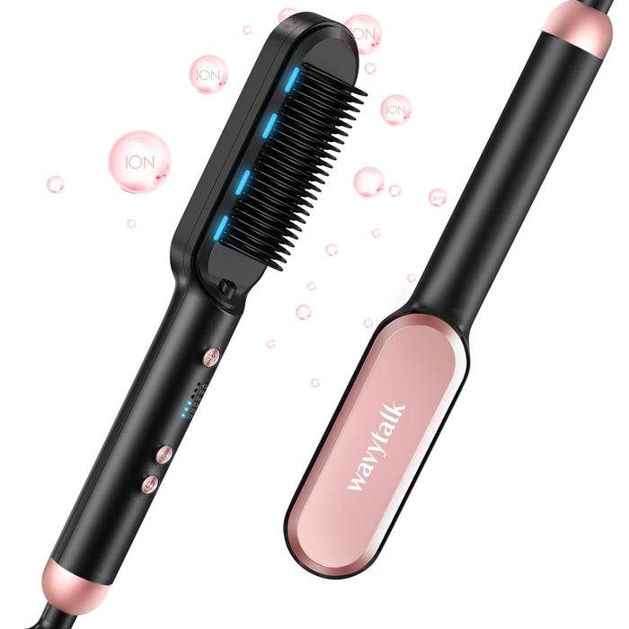 Wavytalk Ionic Hair Straightener Brush, Hair Straightening Brush Flat Iron for Women, Anti-Scald Ceramic Straightening Comb Fast Heating for Home Salon, Rose Gold.