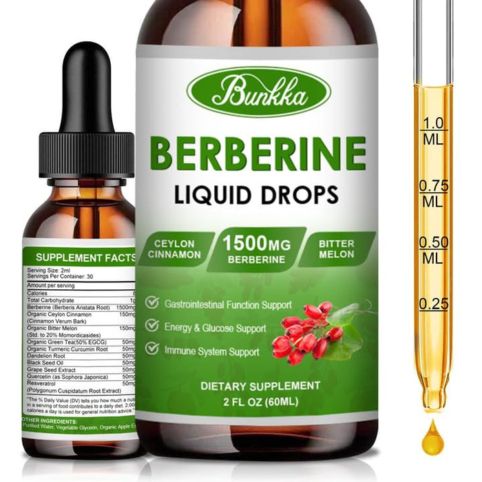 Berberine Supplement 1500mg, Organic Berberine Liquid Drops with Ceylon Cinnamon, Bitter Melon, Sugar-Free & Vegan Supplement Supports Immune System & Gastrointestinal Care - 4 FL Oz