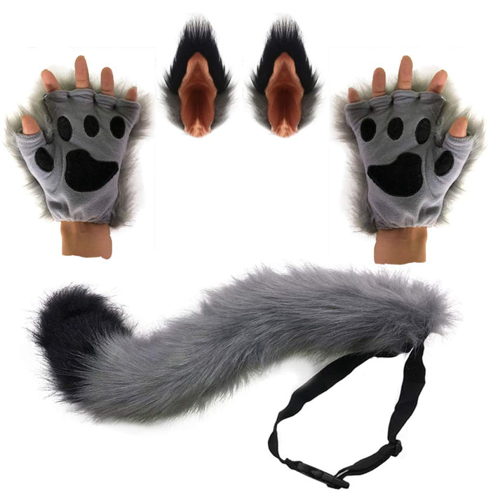 HAOAN Wolf Fox Tail Clip Ears and Gloves Set Halloween Christmas Fancy Party Costume for Women and Man Gray