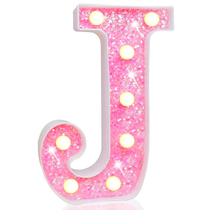 Pooqla LED Marquee Letter Lights, Light Up Pink Letters Glitter Alphabet Letter Sign Battery Powered for Night Light Birthday Party Wedding Girls Gifts Home Bar Christmas Decoration, Pink Letter J