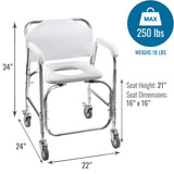 DMI Rolling Shower Chair, Commode, Transport Chair, FSA Eligible, Rolling Bathroom Wheelchair for Handicap, Elderly, Injured or Disabled, Rear Locking Wheels, 250 lb. Weight Capacity, White