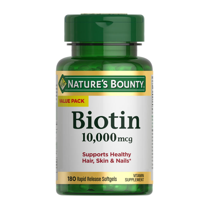 Nature's Bounty Biotin, Supports Healthy Hair, Skin and Nails, 10,000 mcg, Rapid Release Softgels, 180 Ct