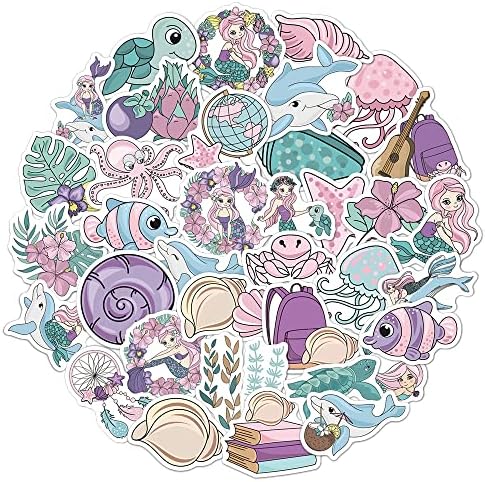Cute Sea Mermaid Stickers for Boys Girls Teens Kids, Waterproof Vinyl Stickers for Laptop Computer Phone Water Bottle Tablet Luggage Bike Cup Scrapbook Flasks Mug, Cartoon Decals Pack[Mermaid-50Pcs]