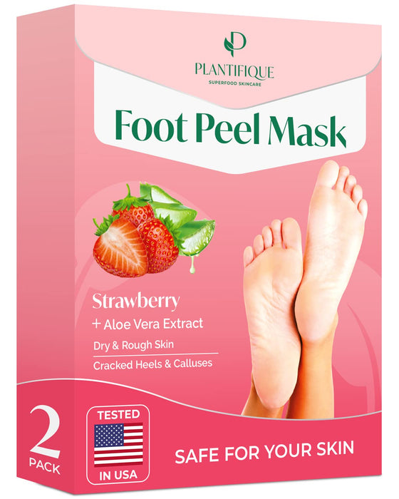 PLANTIFIQUE Foot Peeling Mask Peeling Foot Mask Dermatologically Tested Repairs Heels & Removes Dry Dead Skin for Baby Soft Feet Exfoliating Foot Peel Mask for Dry Cracked Feet Strawberry 2 pack