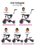 newyoo Tricycle for Toddlers 1-3, Christmas and Birthday Gift for Boy and Girl, Toddler Bike, 5 in 1 Kid's Trike with Parent Push Handle, Baby Balance Bike, Pink, TR008