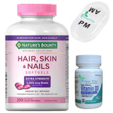 PrimeVits Mini Travel Pill Case Bundle with, Natures Bounty Hair Skin and Nails 5000 mcg of Biotin - 250 Softgels + Bonus Vitamin D3 50,000IU - Weekly dose
