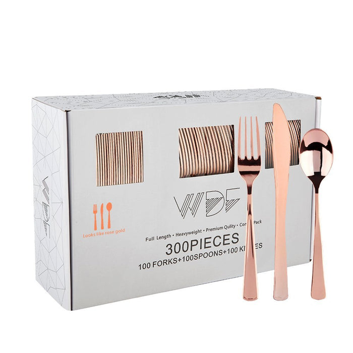 WDF 300 Pieces Rose Gold Plastic Silverware- Disposable Flatware Set - Heavy Duty Plastic Cutlery Includes 100 Forks, 100 Spoons, 100 Knives Perfect for Wedding, Party, Christmas