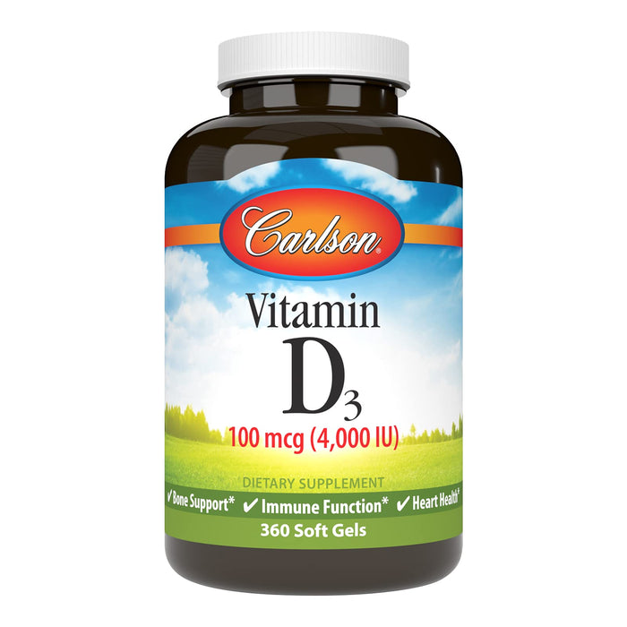 Carlson - Vitamin D3, 4000 IU (100 mcg), Bone & Immune Health, Cholecalciferol Supplement, Gluten Free Vitamin D Capsules, 360 Softgels