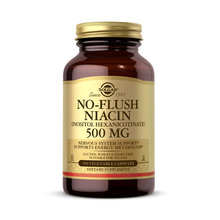 SOLGAR No-Flush Niacin 500 mg - 100 Vegetable Capsules - Supports Energy Metabolism & Nervous System - Vegan, Gluten & Dairy Free, Kosher - 100 Servings