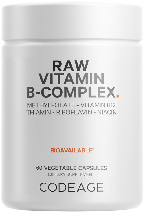 Codeage Raw Vitamin B-Complex Supplement - Essential B Vitamins with Probiotics, Digestive Enzymes, Fruits & Vegetables - 2-Month Supply - Methylfolate - Biotin - Vitamin B12 - Non-GMO - 60 Capsules