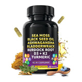 Dandy Decor by Ko & Co Sea Moss 3000mg Black Seed Oil 2000mg Ashwagandha 1000mg Turmeric 1000mg Bladderwrack 1000mg Burdock 1000mg & Vitamin C & D3