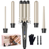 Waver Curling Iron Curling Wand - BESTOPE PRO 5 in 1 Curling Wand Set with 3 Barrel Hair Crimper for Women, Fast Heating Crimper Wand Curler in All Hair Type - Gold